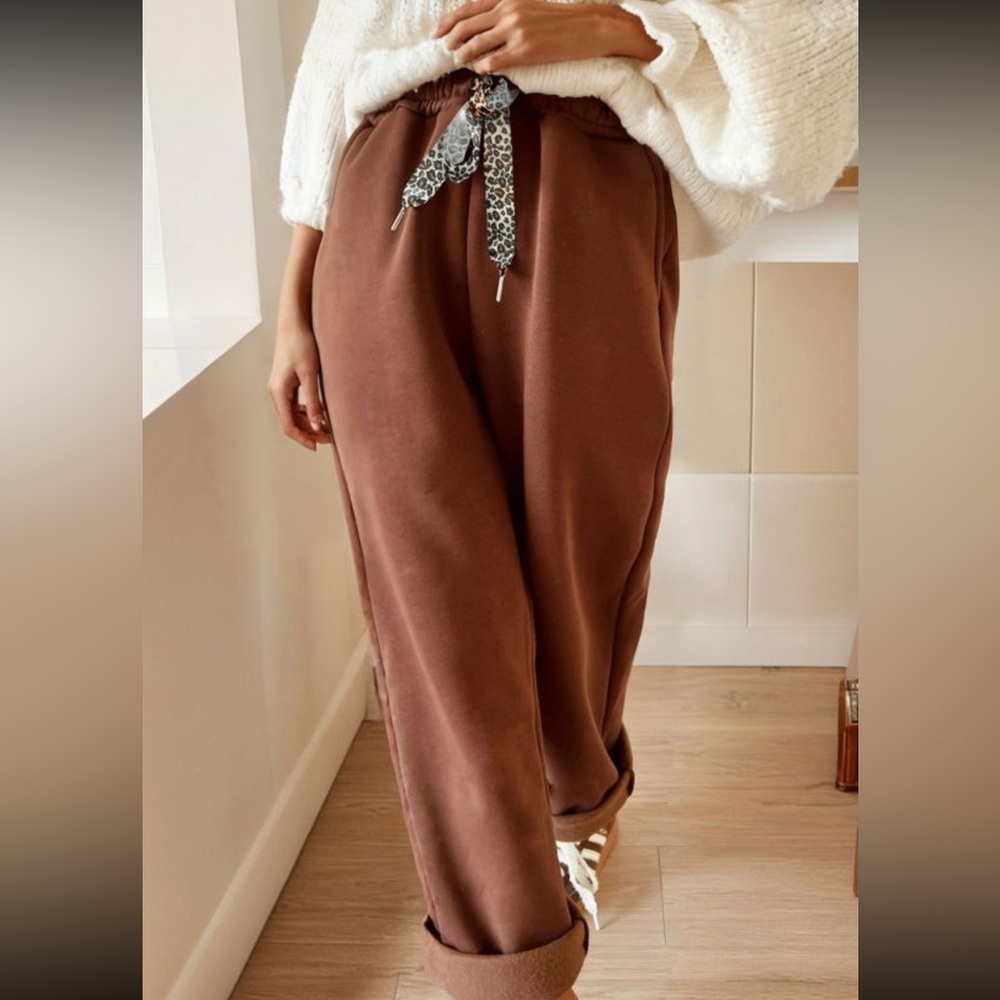 1089. Fleece lined animal print drawstring pant chocolate brown - Picture 2 of 2